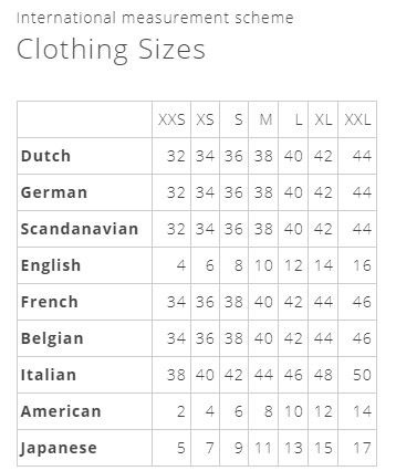 Size chart international 9
